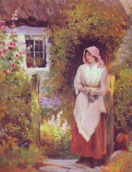 A cottage garden with hollyhocks